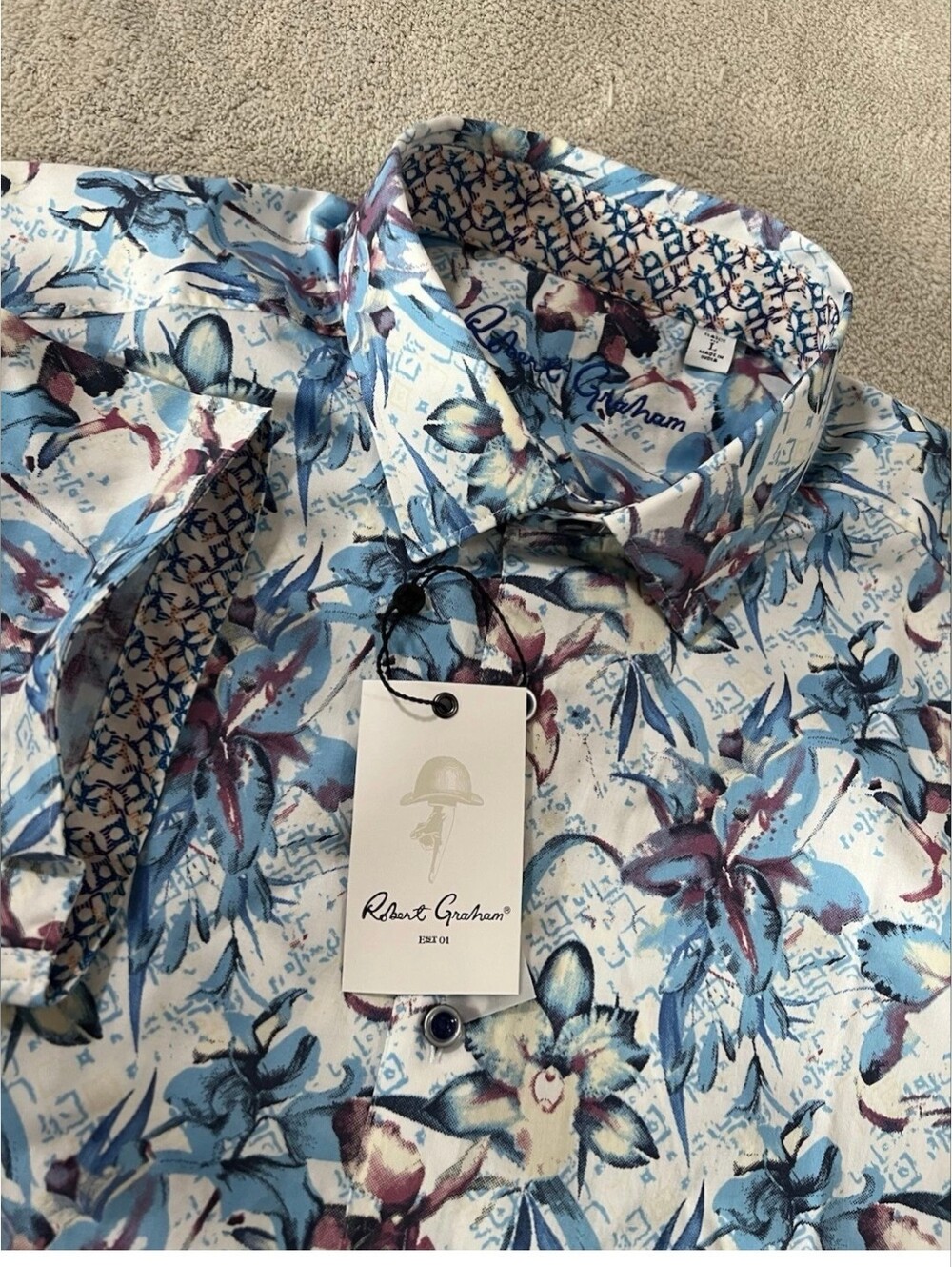 Robert Graham Durkin Floral Tropical Colorful Print Short Sleeve Shirt L.
